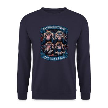 lustiger weise Affen Spruch Handy social media - Unisex Pullover - Navy - Vorne - Alina (178cm) & Michal (187cm)