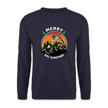 Weihnachts-T-Shirt mit Skisprung-Motiv - Unisex Pullover - Navy - Vorne - Alina (178cm) & Michal (187cm)