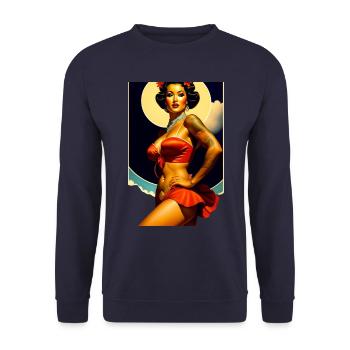 Hawaiian Exotic Tänzerin im Retro Stil - Unisex Pullover - Navy - Vorne - Alina (178cm) & Michal (187cm)