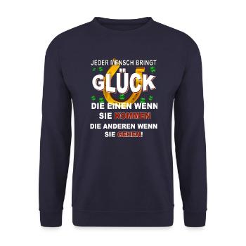 Jeder Mensch bringt Glück - Unisex Pullover - Navy - Vorne - Alina (178cm) & Michal (187cm)