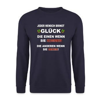 Jeder Mensch bringt Glück - Unisex Pullover - Navy - Vorne - Alina (178cm) & Michal (187cm)