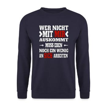Wer nicht mit mir auskommt muss an sich arbeiten - Unisex Pullover - Navy - Vorne - Alina (178cm) & Michal (187cm)
