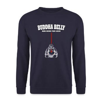 Buddha Belly rub here for luck - Unisex Sweatshirt - navy - Front - Alina (178cm) & Michal (187cm)
