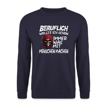 Beruflich was mit Menschen machen - Sensenmann - Unisex Pullover - Navy - Vorne - Alina (178cm) & Michal (187cm)