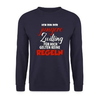 Ich bin der jüngere Zwilling für mich gelten keine - Unisex Pullover - Navy - Vorne - Alina (178cm) & Michal (187cm)