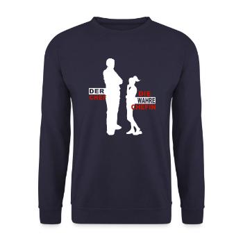 Der Chef die wahre Chefin Papa & Tochter - Unisex Pullover - Navy - Vorne - Alina (178cm) & Michal (187cm)