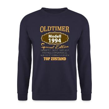 Vintage Model 1994 Well Preserved Funny Birth Tag - Unisex Sweatshirt - navy - Front - Alina (178cm) & Michal (187cm)