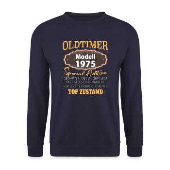 Vintage Model 1975 Well Preserved Funny Birth Tag - Unisex Sweatshirt - navy - Front - Alina (178cm) & Michal (187cm)