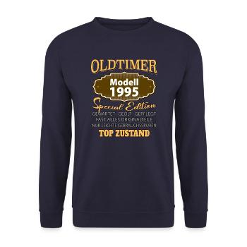 Vintage Model 1995 Well Preserved Funny Birth Tag - Unisex Sweatshirt - navy - Front - Alina (178cm) & Michal (187cm)