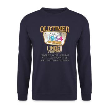 Vintage Model 1964 Well Preserved Funny Birth Tag - Unisex Sweatshirt - navy - Front - Alina (178cm) & Michal (187cm)