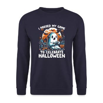 I paused my game for halloween - Unisex Pullover - Navy - Vorne - Alina (178cm) & Michal (187cm)
