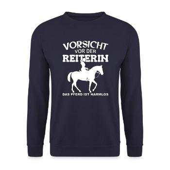 Vorsicht vor der Reiterin, das Pferd ist harmlos - Unisex Pullover - Navy - Vorne - Alina (178cm) & Michal (187cm)