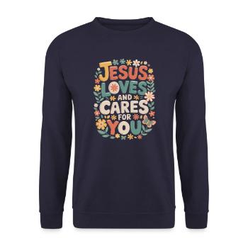 Jesus loves and cares for you - Unisex Sweatshirt - navy - Front - Alina (178cm) & Michal (187cm)