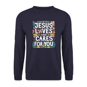Jesus loves and cares for you - Unisex Sweatshirt - navy - Front - Alina (178cm) & Michal (187cm)