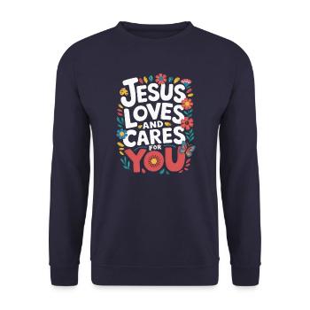 Jesus loves and cares for you - Unisex Sweatshirt - navy - Front - Alina (178cm) & Michal (187cm)