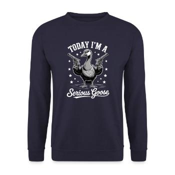 Aujourd’hui, je suis un Serious Goose Lustige Gans mit Pistole - Sweat-shirt Unisexe - marine - Devant - Alina (178cm) & Michal (187cm)