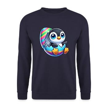 Süßer Pinguin schlüpft aus buntem Osterei - Unisex Pullover - Navy - Vorne - Alina (178cm) & Michal (187cm)