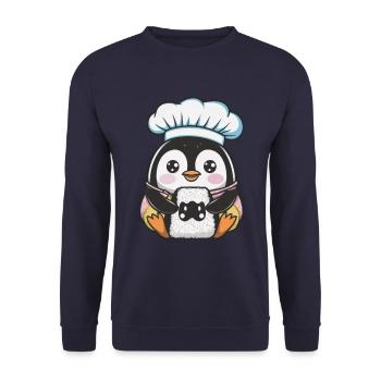 Kawaii Pinguin mit Onigiri Reisball - Unisex Pullover - Navy - Vorne - Alina (178cm) & Michal (187cm)