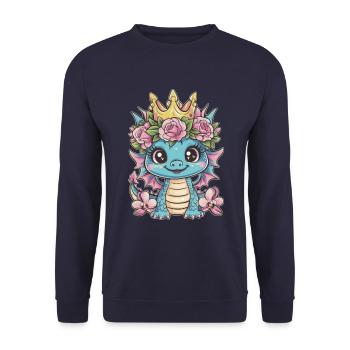 Kawaii Dragon with Crown, Roses and Orchids - Unisex Sweatshirt - navy - Front - Alina (178cm) & Michal (187cm)