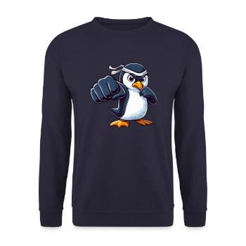 Cooler Cartoon Pinguin Karate Martial Arts - Unisex Pullover - Navy - Vorne - Alina (178cm) & Michal (187cm)