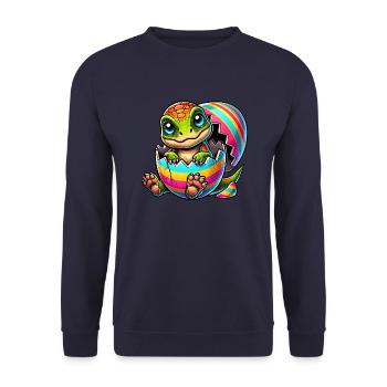 Süßer Dino schlüpft aus buntem Osterei - Unisex Pullover - Navy - Vorne - Alina (178cm) & Michal (187cm)