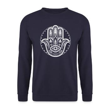 Hamsa - Hand der Fatima - Schutz und Segen - Unisex Pullover - Navy - Vorne - Alina (178cm) & Michal (187cm)