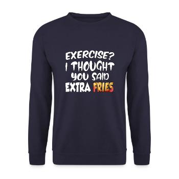 Excercise i thought you said extra fries - Unisex Pullover - Navy - Vorne - Alina (178cm) & Michal (187cm)