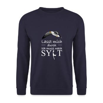 Lasst mich durch! Ich muss nach Sylt! Möwe - Unisex Pullover - Navy - Vorne - Alina (178cm) & Michal (187cm)
