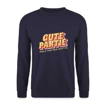 Gute Partie - Holz vor der Hütte - Unisex Pullover - Navy - Vorne - Alina (178cm) & Michal (187cm)