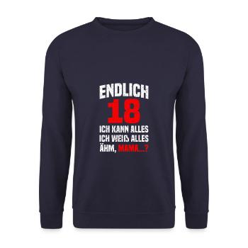 Endlich 18 - 18. Geburtstag - Unisex Pullover - Navy - Vorne - Alina (178cm) & Michal (187cm)