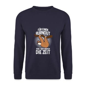 Für einen Burnout - Faultier Faulenzer - Unisex Pullover - Navy - Vorne - Alina (178cm) & Michal (187cm)