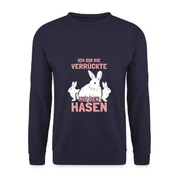 Ich bin die Verrückte mit den Hasen - Unisex Pullover - Navy - Vorne - Alina (178cm) & Michal (187cm)