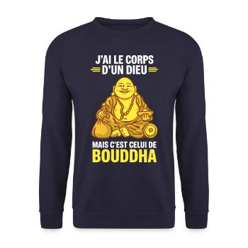 T-shirt humour Bouddha Corps d’un dieu - Sweat-shirt Unisexe - marine - Devant - Alina (178cm) & Michal (187cm)