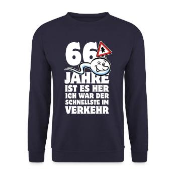 66 Jahre ist es her - der Schnellste im Verkehr - Unisex Pullover - Navy - Vorne - Alina (178cm) & Michal (187cm)