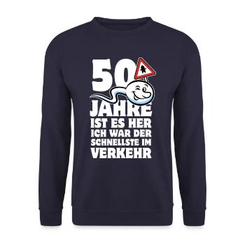 50 Jahre ist es her - der Schnellste im Verkehr - Unisex Pullover - Navy - Vorne - Alina (178cm) & Michal (187cm)