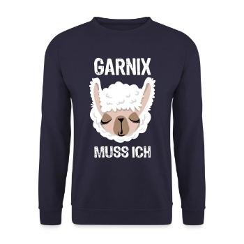 Garnix muss ich - Lama - Spruch - Unisex Pullover - Navy - Vorne - Alina (178cm) & Michal (187cm)