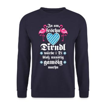 06 Flamingos im feschn Dirndl unnötig gamsig machn - Unisex Pullover - Navy - Vorne - Alina (178cm) & Michal (187cm)