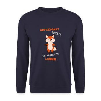 Aufgepasst Welt, ich kann jetzt laufen - Unisex Pullover - Navy - Vorne - Alina (178cm) & Michal (187cm)