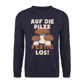 Auf die Pilze, Fertig, Los - Pilzsammler - Unisex Pullover - Navy - Vorne - Alina (178cm) & Michal (187cm)