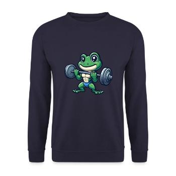 Cooler Frosch Barbell Gewichtheber Cartoon Fitness - Unisex Pullover - Navy - Vorne - Alina (178cm) & Michal (187cm)