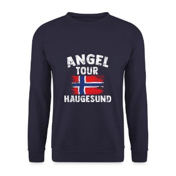 HAUGESUND - Angel Tour Norwegen Personalisierbar - Unisex Pullover - Navy - Vorne - Alina (178cm) & Michal (187cm)