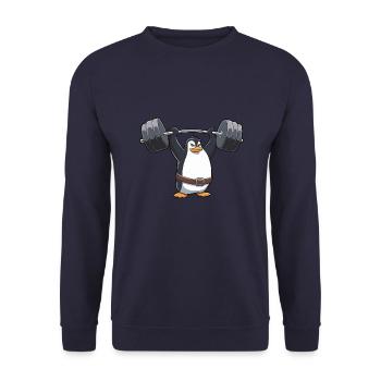 Strong Penguin Workout Dumbbell Comic Style - Unisex Sweatshirt - navy - Front - Alina (178cm) & Michal (187cm)