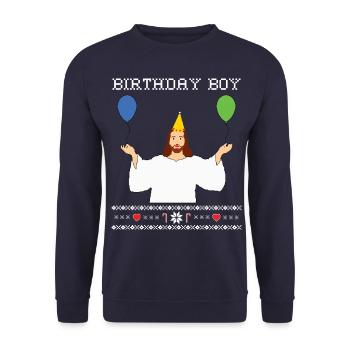 Birthday Boy Jesus - Weihnachtspullover - Unisex Pullover - Navy - Vorne - Alina (178cm) & Michal (187cm)