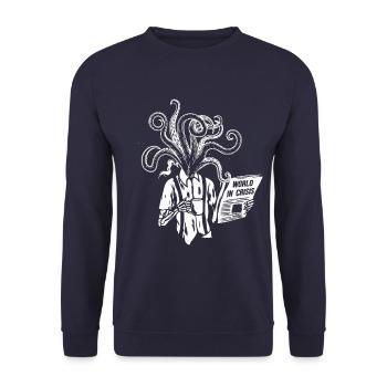 Coffee-drinking skeleton with tentacles, newspaper - Unisex Sweatshirt - navy - Front - Alina (178cm) & Michal (187cm)