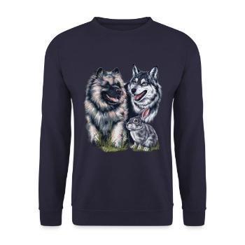 Wolfsspitz mit Wolf und Hase - Unisex Pullover - Navy - Vorne - Alina (178cm) & Michal (187cm)