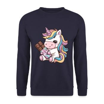 Süßes Kawaii Einhorn mit Schokolade - Unisex Pullover - Navy - Vorne - Alina (178cm) & Michal (187cm)