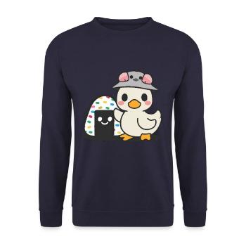 Caneton kawaii dans le style dessin animé avec de gros onigiri - Sweat-shirt Unisexe - marine - Devant - Alina (178cm) & Michal (187cm)