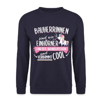 Bauherrin Bauherr Hausbau Einhorn Spruch - Unisex Pullover - Navy - Vorne - Alina (178cm) & Michal (187cm)