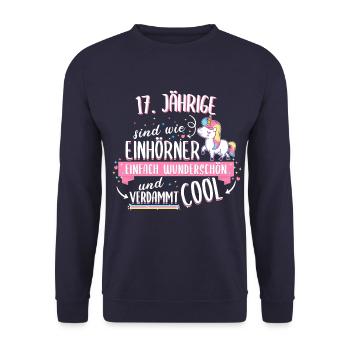 Geburtstag 17 Geburtstag Einhorn Spruch Party - Unisex Pullover - Navy - Vorne - Alina (178cm) & Michal (187cm)