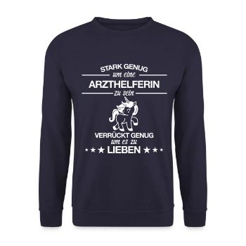 Arzthelferin Arzthelfer Arzt Beruf Spruch Einhorn - Unisex Pullover - Navy - Vorne - Alina (178cm) & Michal (187cm)